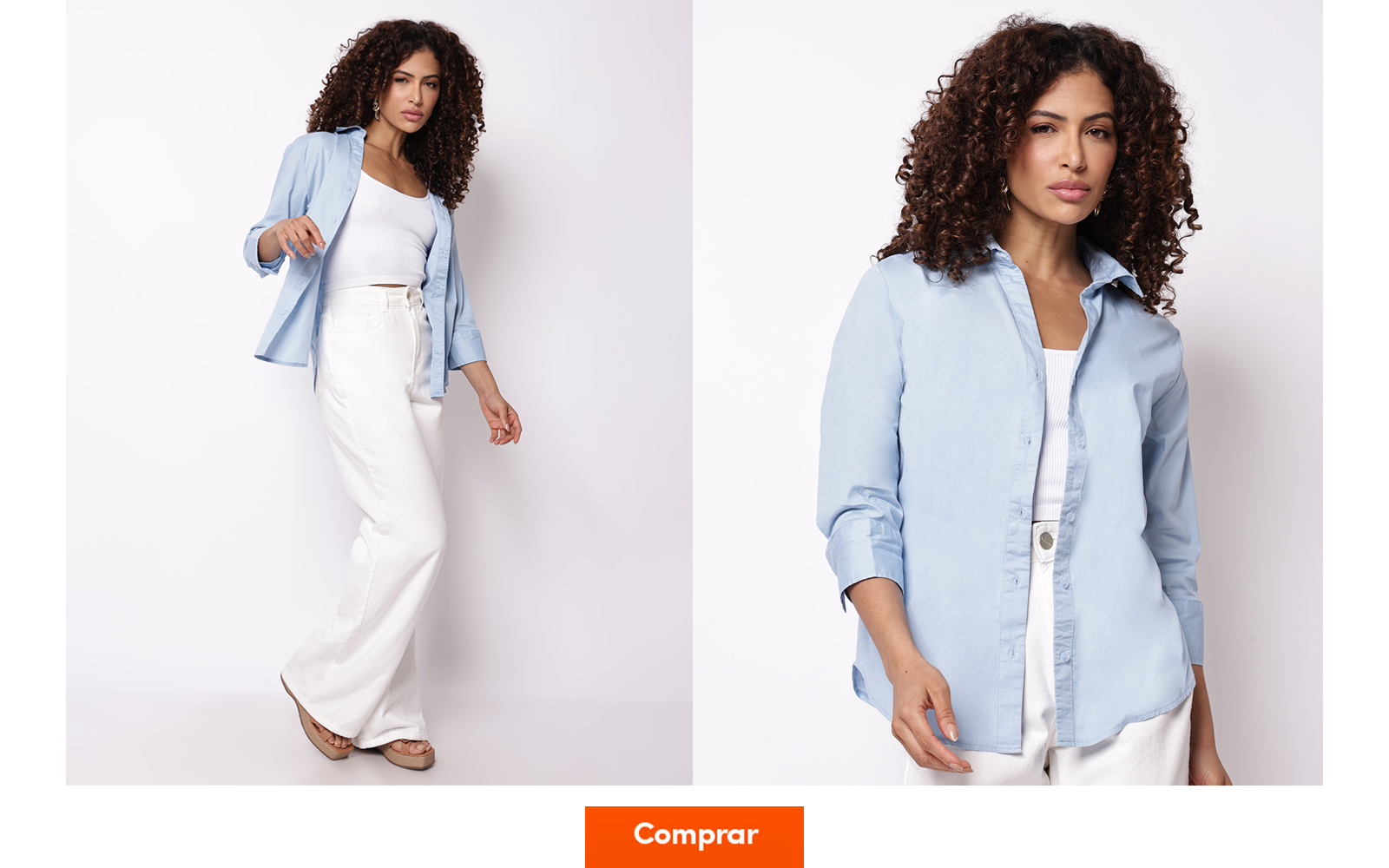 Modelo veste regata e calça branca e, por cima, uma camisa azul claro