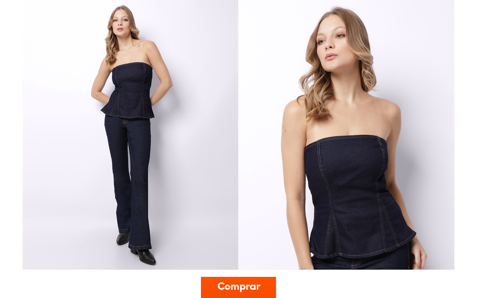 Modelo veste conjunto de calça jeans e top peplum azul escuro com lavagem tradicional
