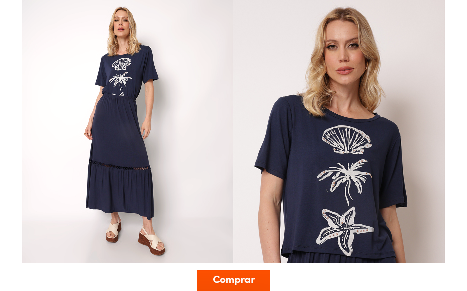 Modelo veste camiseta feminina de malha confortável azul nautico com estampa de motivos marinhos como concha, coqueiro e estrela do mar. Para combinar, saia midi cazul marinho e sandália plataforma nos pés