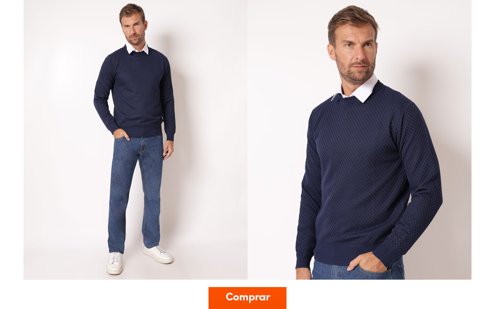 Homem veste suéter azul marinho sobre camisa branca, aparecendo somente a gola da camisa por baixo do suéter com calça jeans e tênis