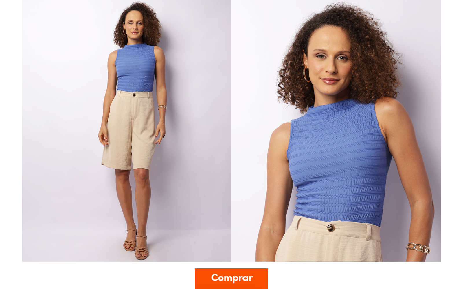 Modelo veste blusa regata texturizada cor azul cerúleo com bermuda de sarja bege de cintura alta