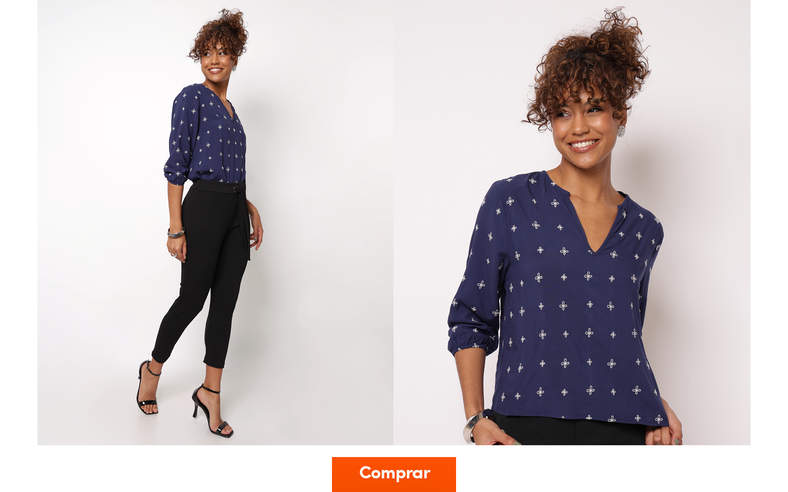 Modelo veste blusa elegante azul escuro com mangas 3/4 e estampa combinada com calça preta social e sandália de salto alto preta. 