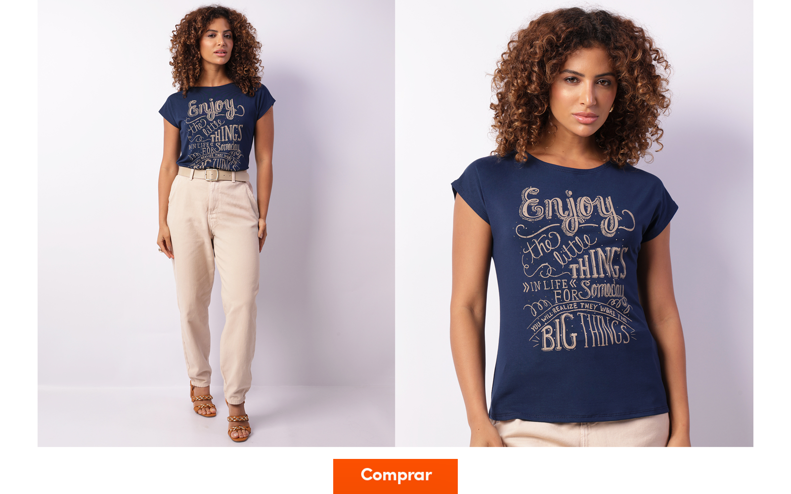 Modelo veste camiseta feminina de malha com estampa frontal combinada com calça mom bege e cinto.