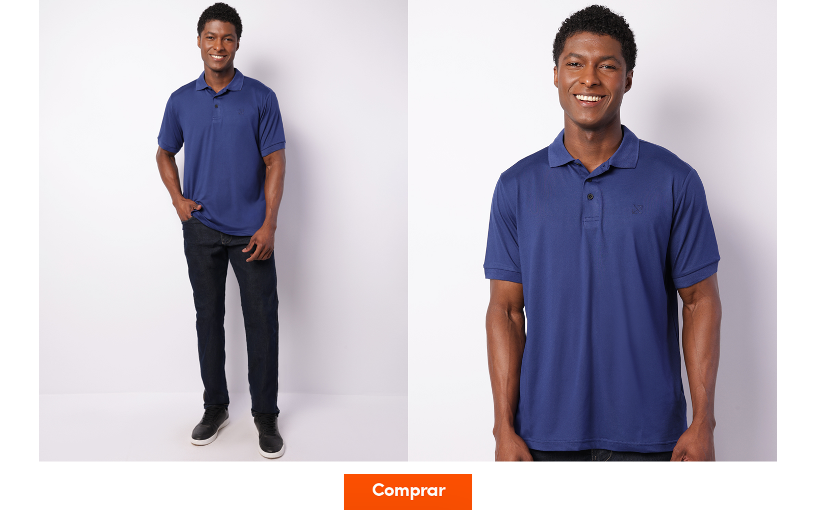 Modelo veste camiseta polo com gola masculina azul royal e calça de sarja preta.