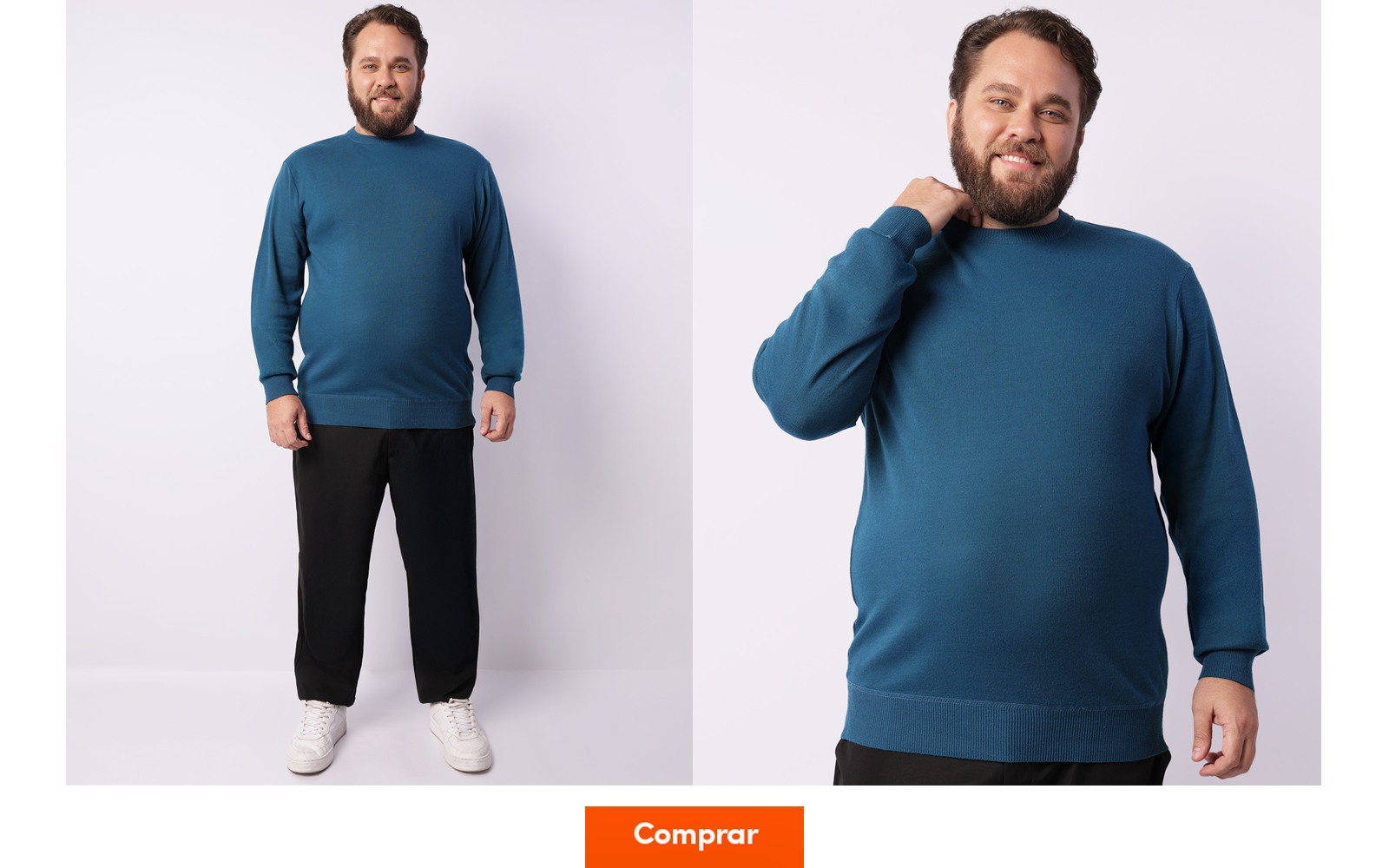 Modelo veste suéter masculino plus size básico cor azul petróleo com calça de sarja preta reta