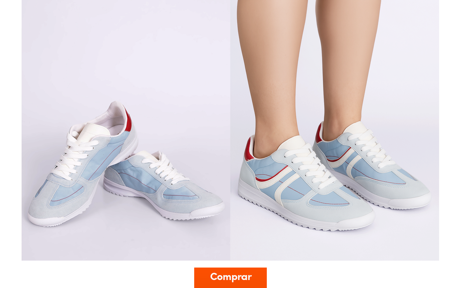 Modelo de tênis casual azul claro com detalhes em vermelho.