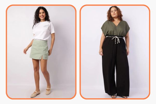 mulher com look de camiseta feminina verde com short-saia branco e a outra com look plus size blusa verde com calça preta