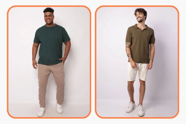 Homem veste camiseta plus sie verde escuro com calça de sarja bege. Ao lado, homem veste camisa polo masculina verde militar de tricô com bermuda clara.