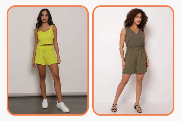 mulher veste look monocromatico cor verde lima. Ao lado, outra mulher veste monocromatico cor verde militar