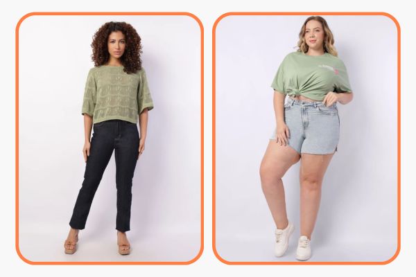mulher veste blusa verde militar com calça jeans escura. Outra mulher veste camiseta verde plus size com shorts jeans e tênis feminino