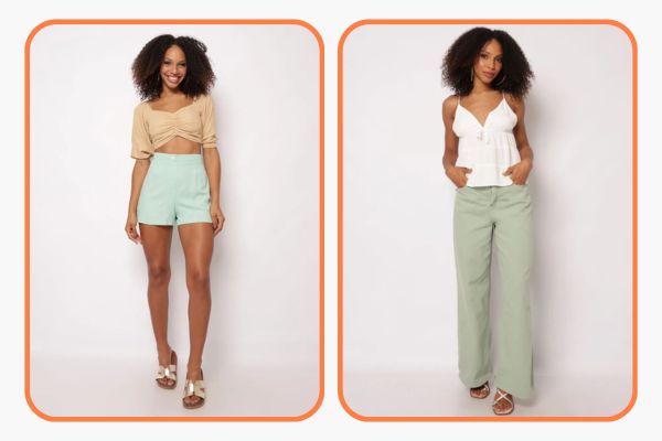 mulheres vestem looks com verde claro combinados com outras cores claras, bege e branco.