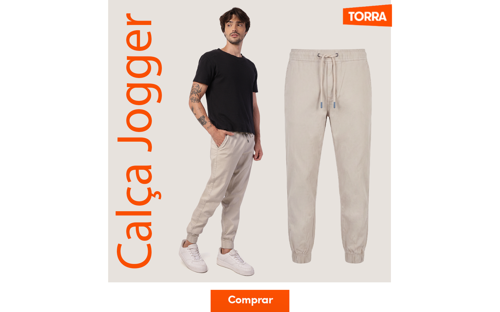 Modelo veste calça jogger de sarja bege masculina