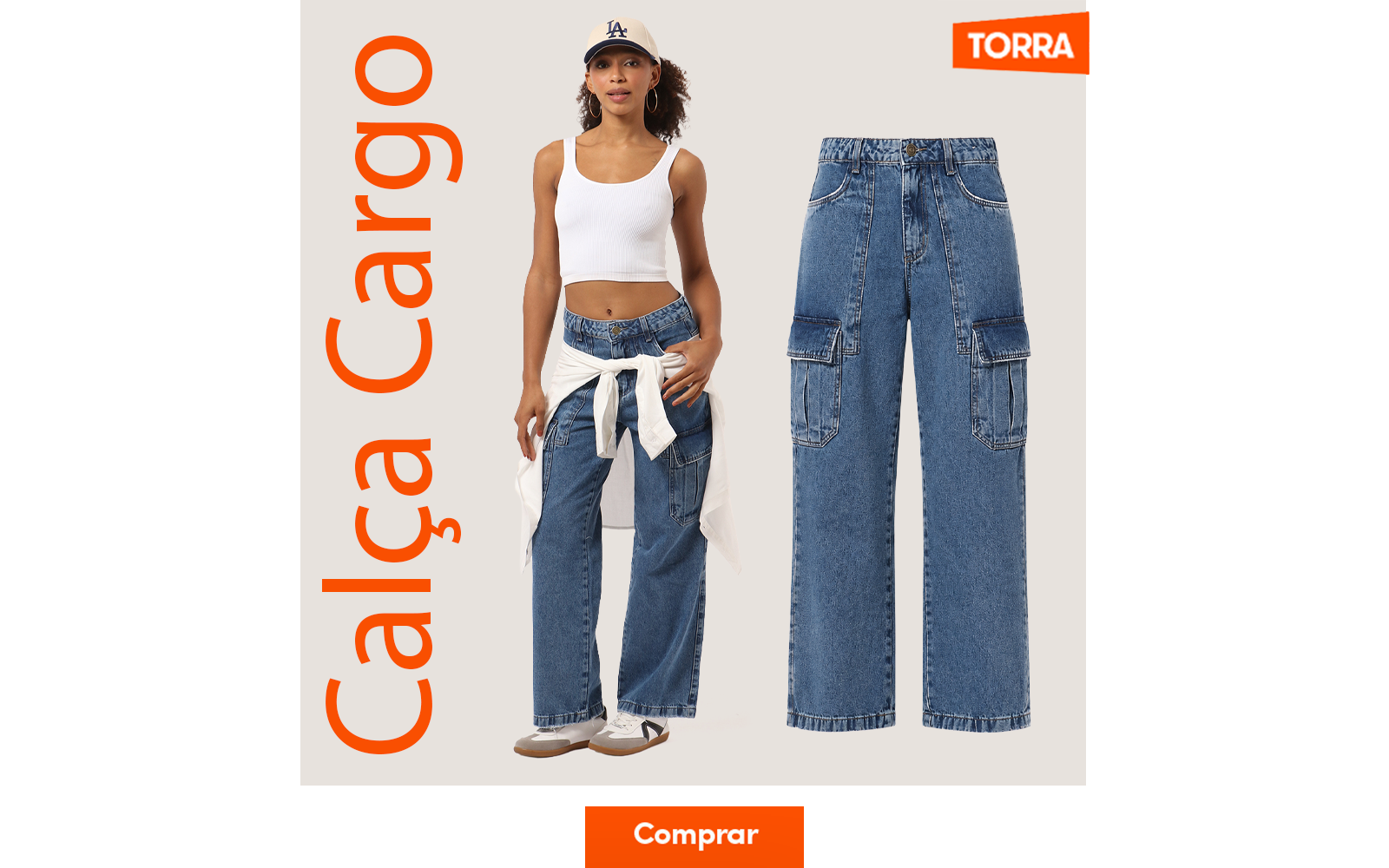 Modelo veste calça wide leg cargo com bolsos feminina