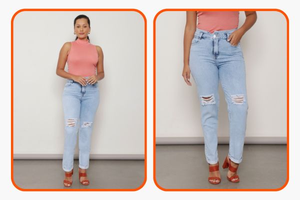 Calça jeans clochard com passantes e elástico