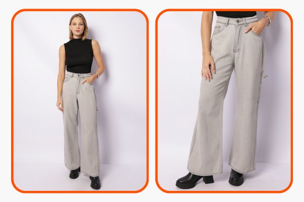 Calça Jeans Wide Leg com bolso cargo