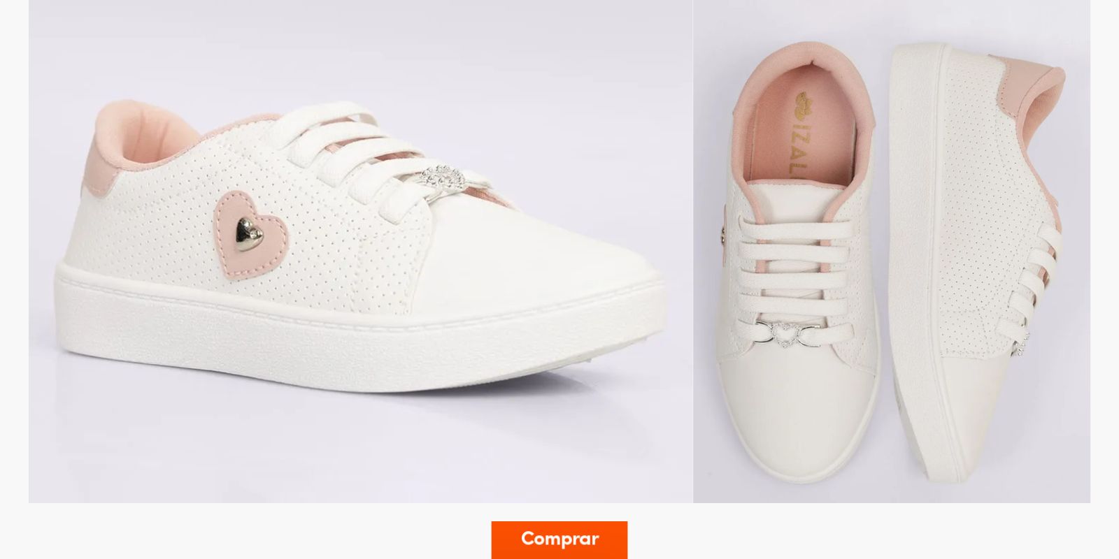 tênis infantil menina branco com detalhe de coração rosa claro