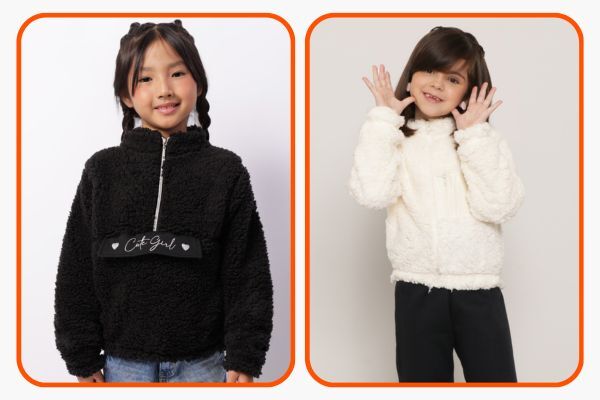 Meninas usando moletons fofos em cores diferentes