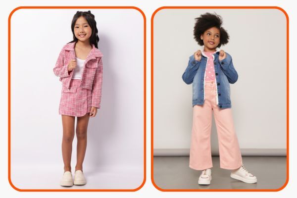 Duas garotas com roupas de moda infantil coloridas.