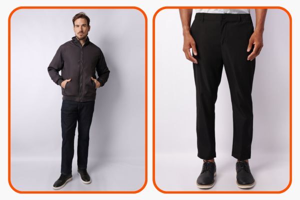Homem usando jaqueta e calça preta elegantes