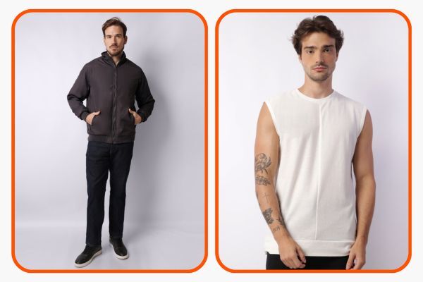 Homem vestindo jaqueta e camiseta sem mangas