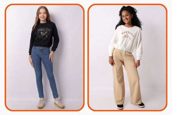 Moda feminina com duas jovens usando roupas casuais