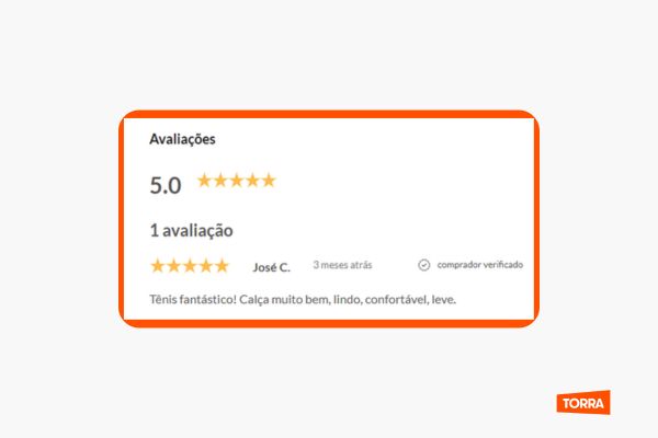 Avaliação de calçado com 5 estrelas e comentário positivo
