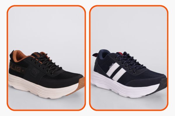 Tênis esportivos masculino preto e azul com solado grosso