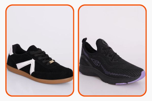 Na foto aparecem dois tênis pretos, o primeiro tem estilo casual e retrô, enquanto o segundo é  um tênis esportivo com detalhes em roxo.