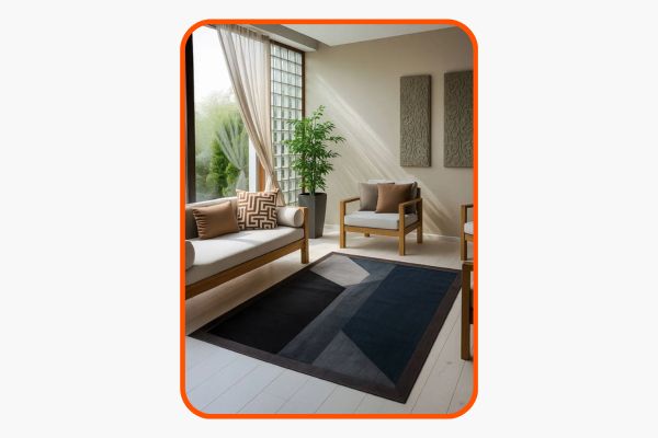 Sala de estar moderna com tapete elegante e mobiliário