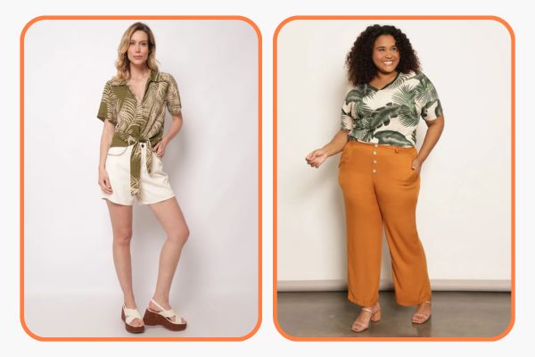 mulher veste look camisa verde militar com bermuda bege claro em um look com tons neutros. Ao lado, mulher veste blusa plus size estampada com flhagem verde militar e combina com calça na cor mostarda em um look moderno e vibrante.