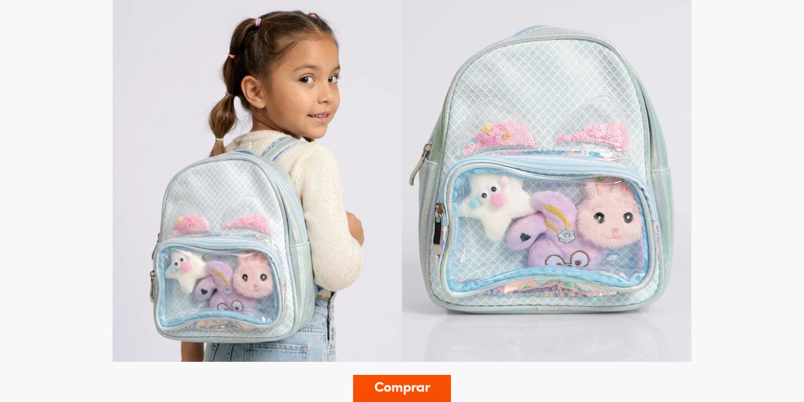na primeira foto, a menina está com uma mochila infantil nas costas. Ao lado, foto da mochila azul bebê com detalhes em bichinhos interativos