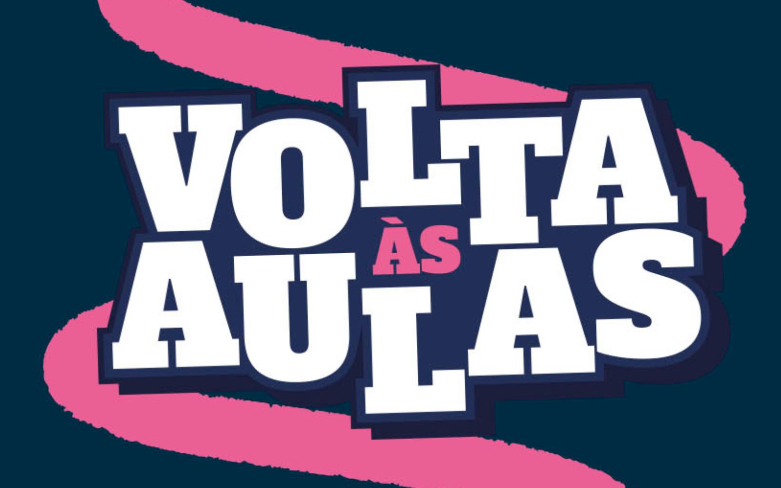 frase Volta às Aulas escrita em branco sobre um fundo azul marinho e com detalhes em rosa