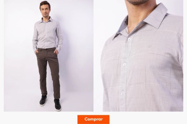Homem usando camisa cinza e calça marrom