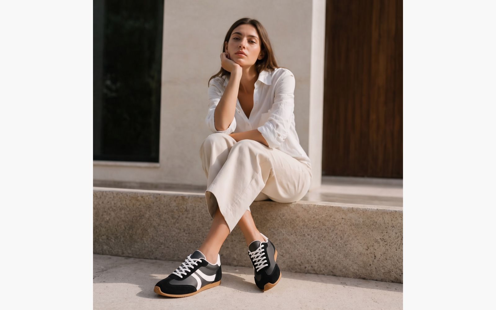 Modelo veste camisa ampla branca com calça de sarja off white e tênis casual preto.