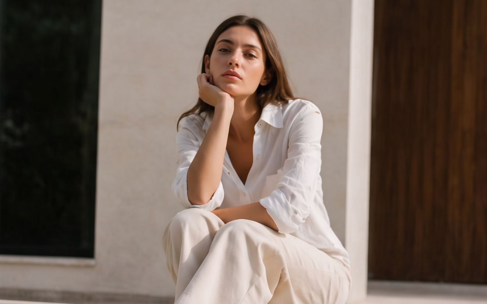 Modelo veste camisa e calça brancos com tecidos leves