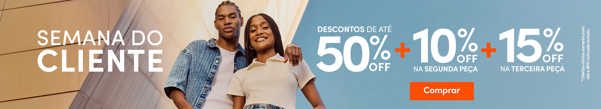 Banner com a promoção de dia do cliente para roupas e itens para casa.