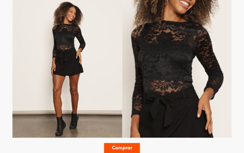 Mulher com blusa rendada preta e manga longa