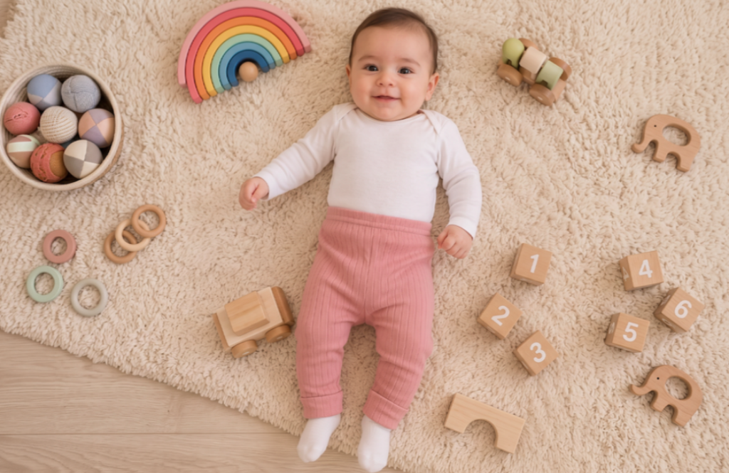 Bebê de 3 meses vestindo body e calça Torra, rodeado de brinquedos sensoriais