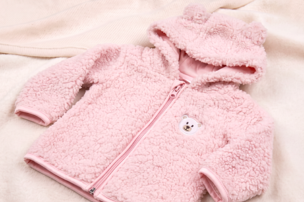 Casaco de bebê Torra em pelúcia rosa com capuz de orelhinha de urso