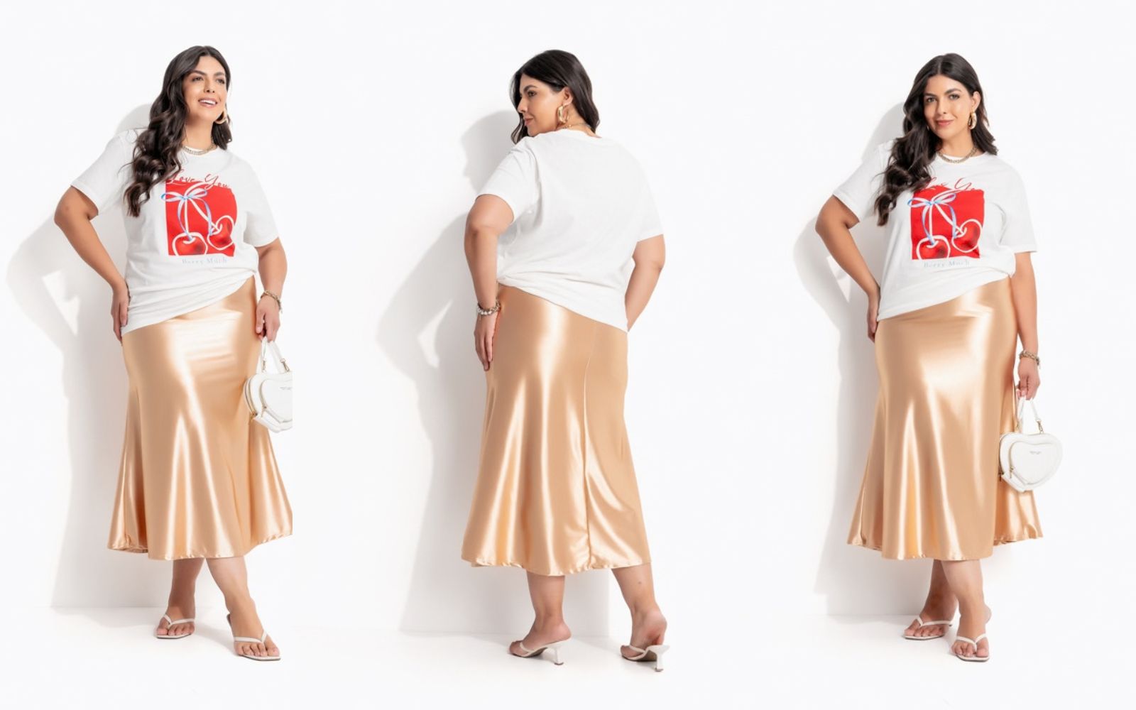camiseta com saia midi de cetim